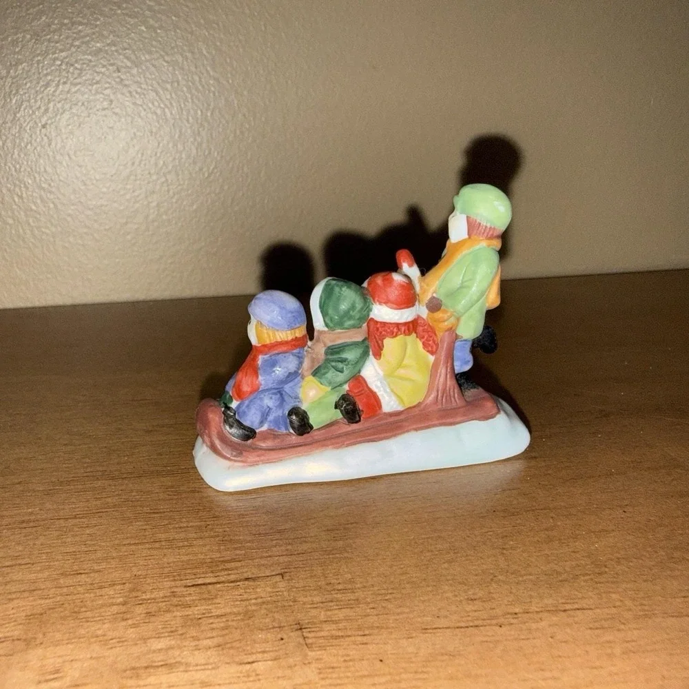 Vintage Ceramic Christmas Village Figurine Children Sledding Winter Decor
